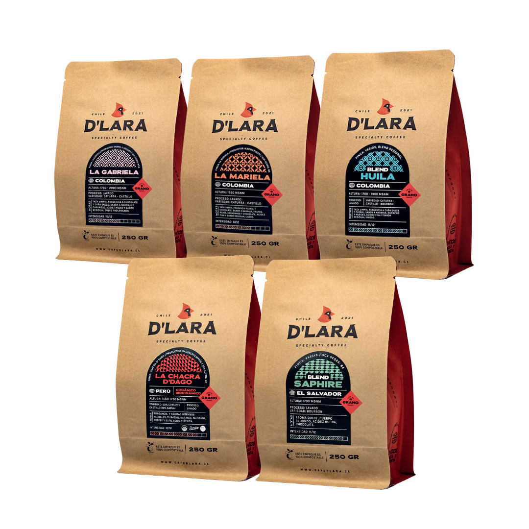 Pack D&#39;Lara - Mix 5 bolsas 250g Grano Entero o Molido (1,25 kilos)