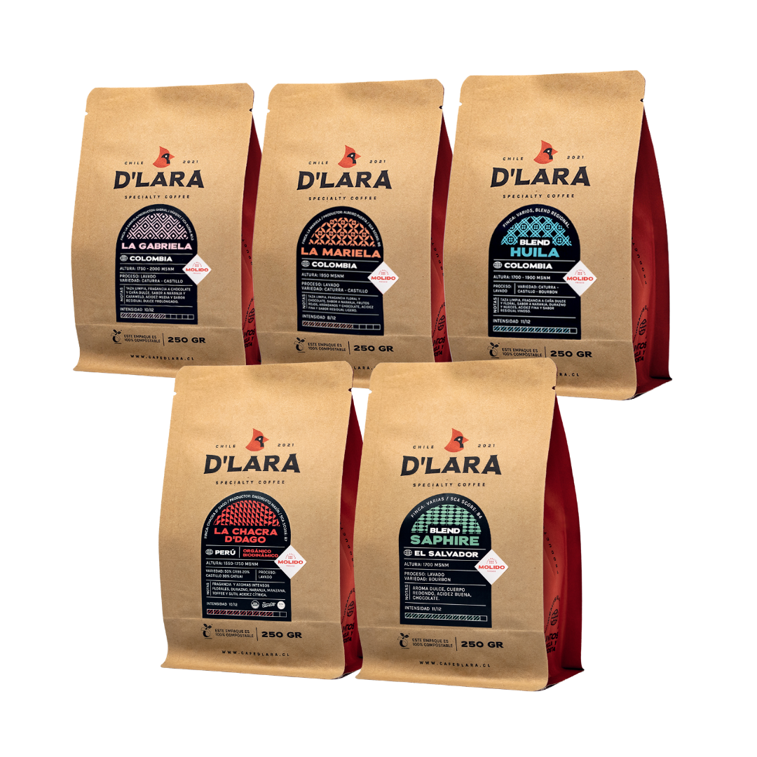 Pack D&#39;Lara - Mix 5 bolsas 250g Grano Entero o Molido (1,25 kilos)