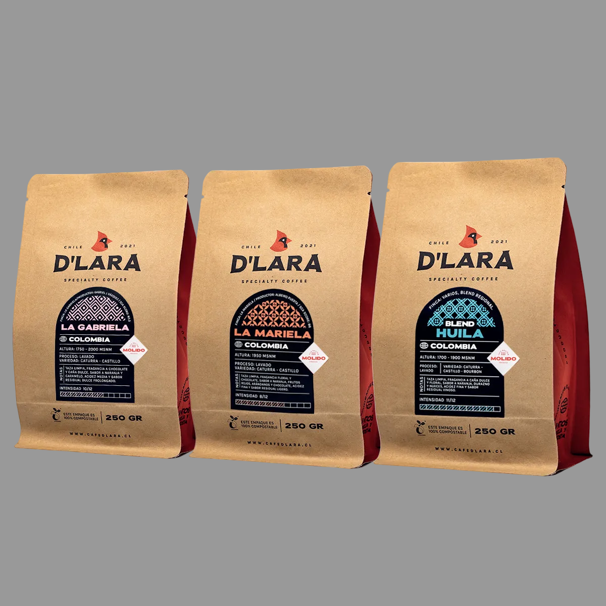 Pack D'Lara 3 bolsas de 250g Café de Especialidad Colombia en Grano o Molido