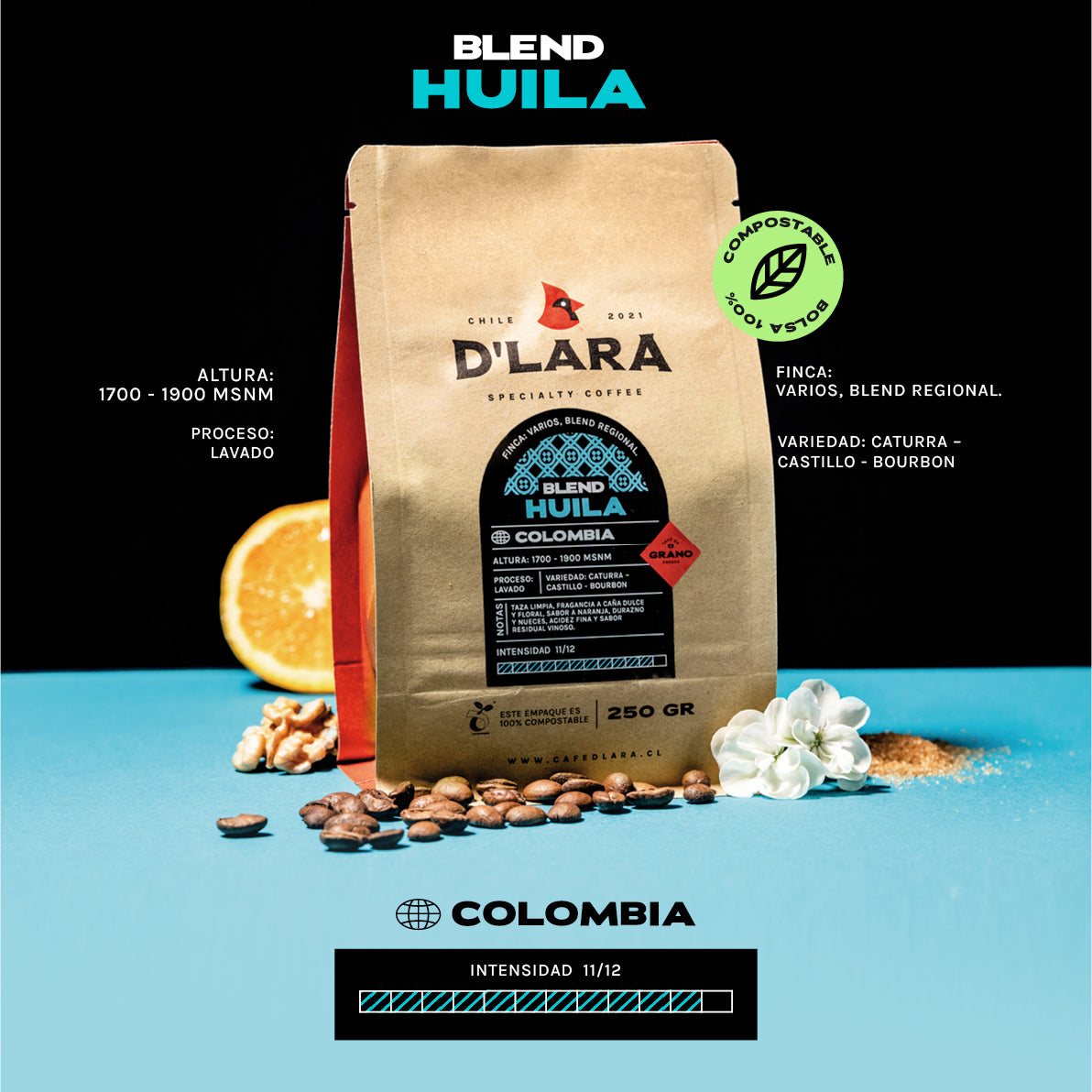 1KG Café de Especialidad Blend Huila, Colombia en Grano o Molido
