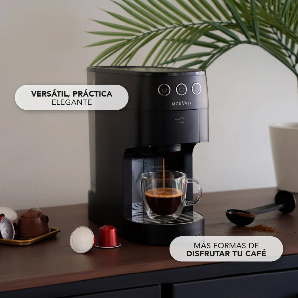 Cafetera Mouvair 3 en 1: Molido, cápsulas tipo Nespresso y cápsulas Dolce Gusto