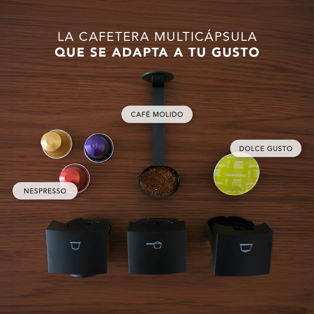 Cafetera Mouvair 3 en 1: Molido, cápsulas tipo Nespresso y cápsulas Dolce Gusto