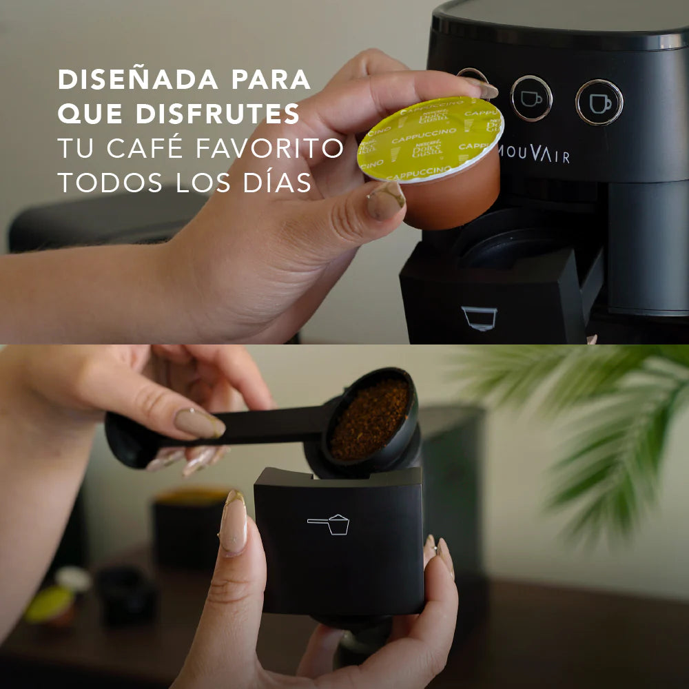 Cafetera Mouvair 3 en 1: Molido, cápsulas tipo Nespresso y cápsulas Dolce Gusto
