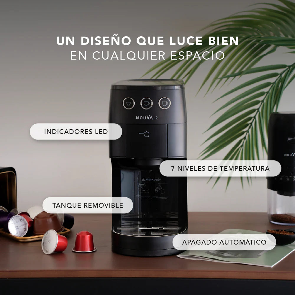 Cafetera Mouvair 3 en 1: Molido, cápsulas tipo Nespresso y cápsulas Dolce Gusto