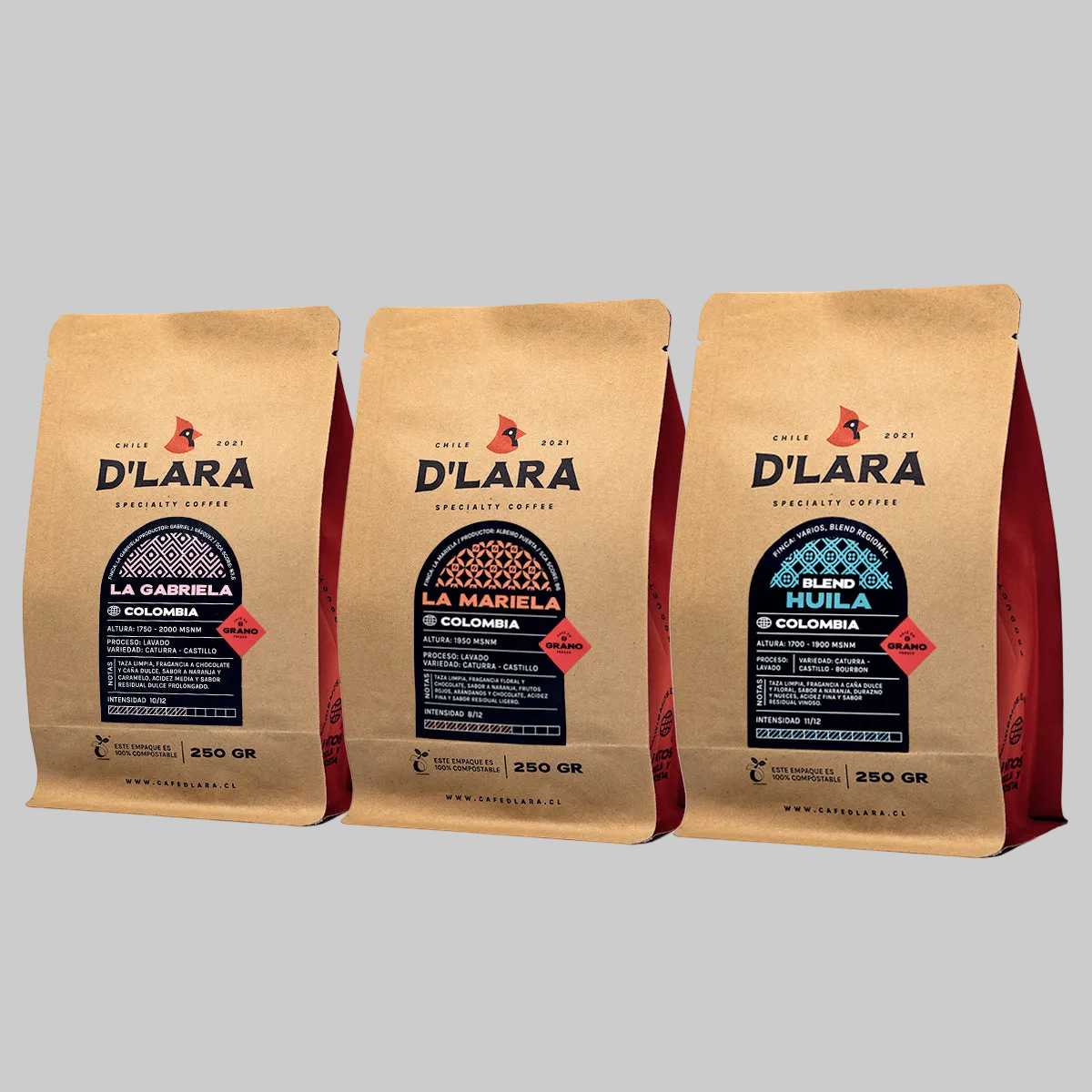 Pack D'Lara 3 bolsas de 250g Café de Especialidad Colombia en Grano o Molido