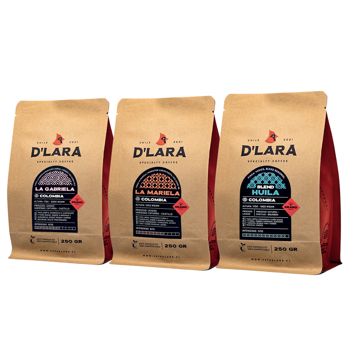 Pack D'Lara 3 bolsas de 250g Café de Especialidad Colombia en Grano o Molido
